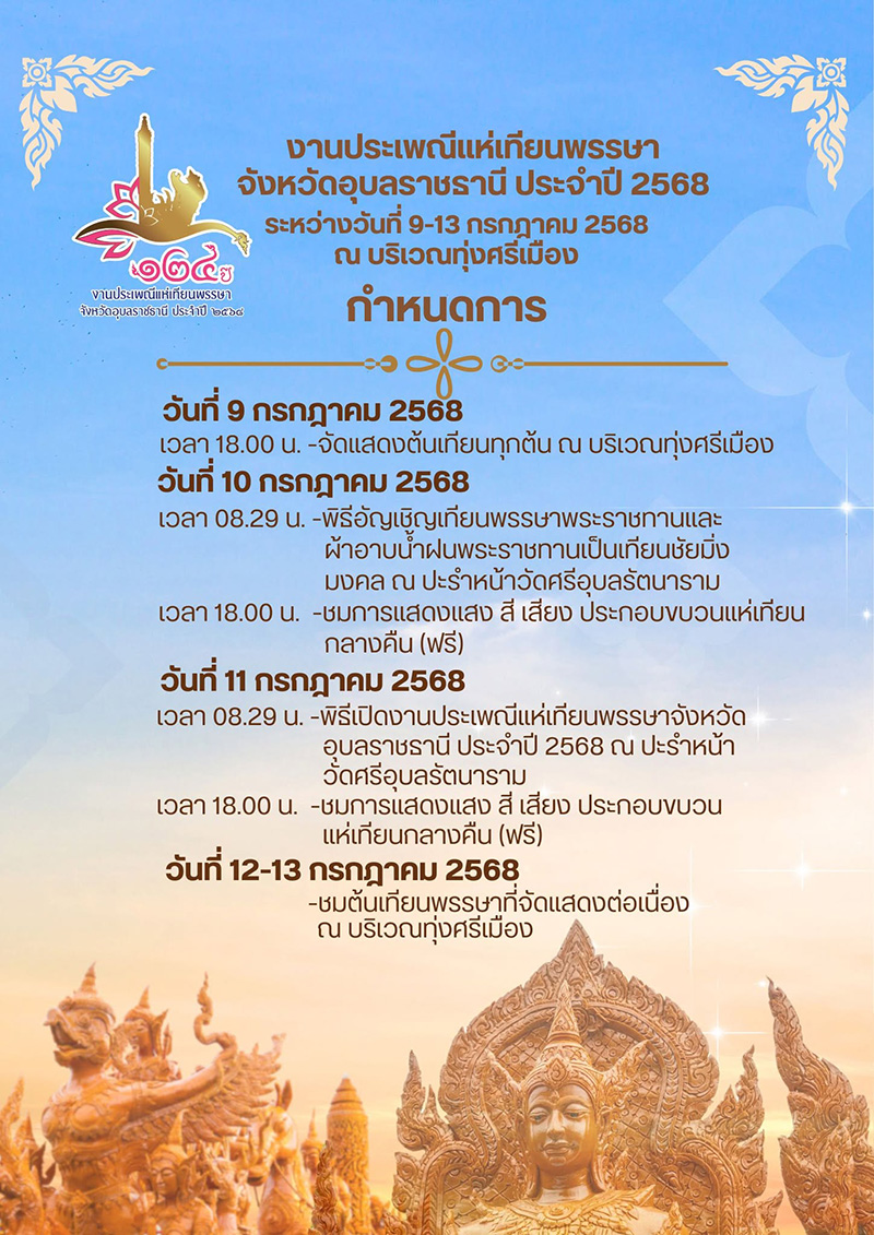 ประเพณีแห่เทียนพรรษา จังหวัดอุบลราชธานี ปี 2568 กำหนดการ