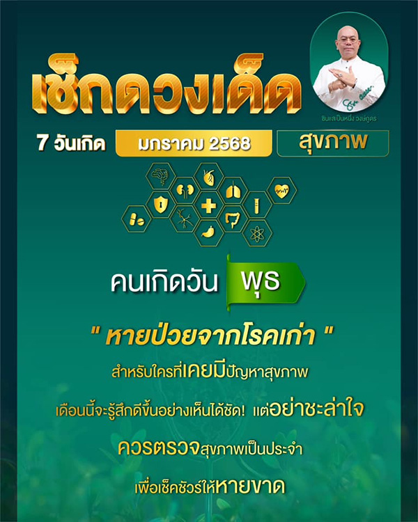 ดูดวงสุขภาพ เดือนมกราคม 2568 ของคน 7 วันเกิด กับซินแสเป็นหนึ่ง