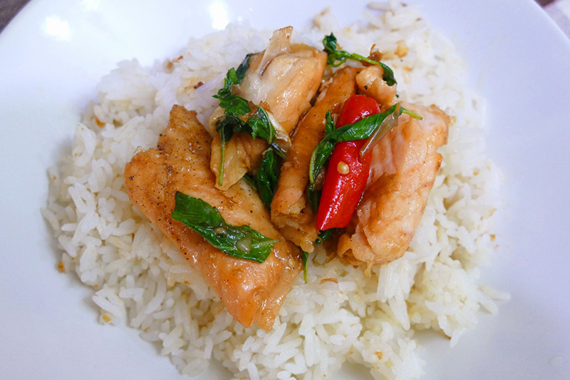 ท้องปลาแซลมอนผัดกะเพรา เมนูกะเพรา เมนูปลาแซลมอน อาหารจานเดียว สูตรอาหาร