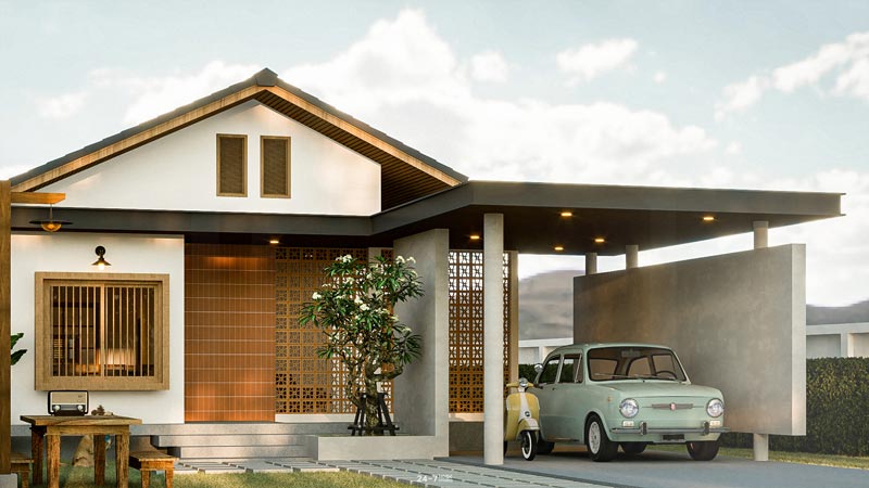 แบบบ้านชั้นเดียวโมเดิร์น 3 ห้องนอน มีสวนหน้าบ้าน พร้อมที่จอดรถ