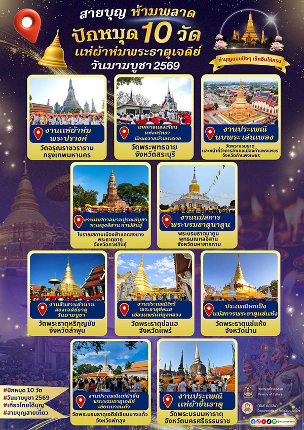 แห่ผ้าห่มพระธาตุเจดีย์ สถานที่จัดงานวันมาฆบูชา 2569