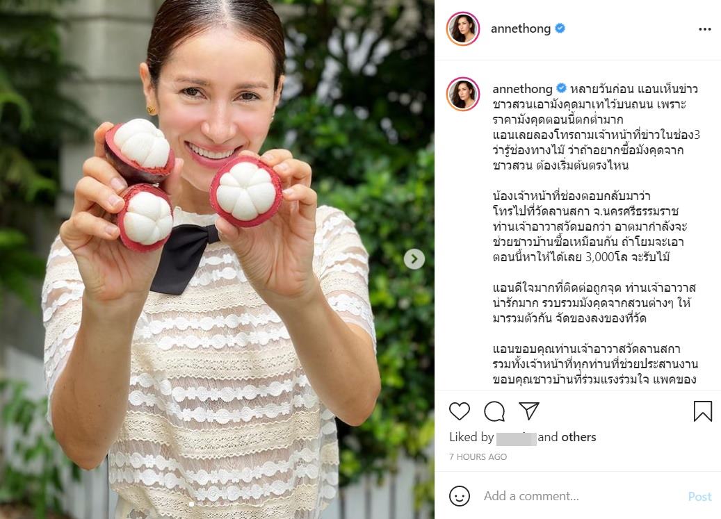 แอน ทองประสม ช่วยชาวสวนซื้อมังคุด 3 ตัน