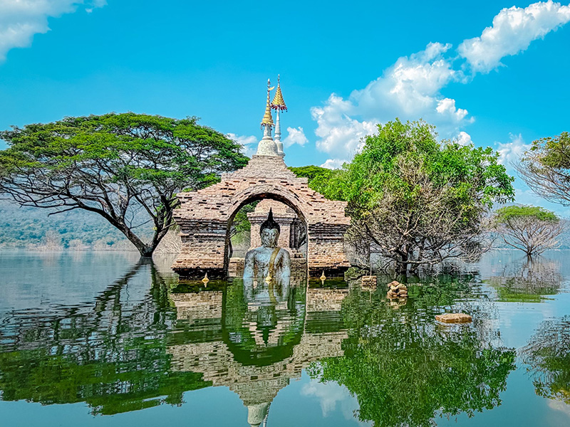 วัดบ้านเก่าจมน้ำ ชมต้นฉำฉากลางน้ำ ลำพูน