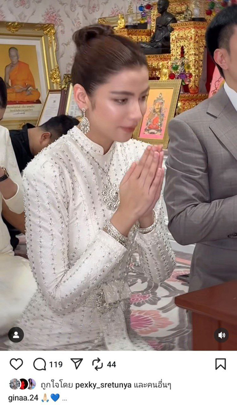 จีน่า วิรายา ใส่ชุดไทยจับมือหนุ่มข้างกายทำบุญ
