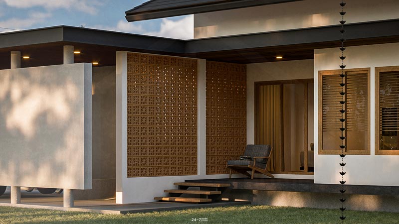 แบบบ้านชั้นเดียวโมเดิร์น 3 ห้องนอน มีสวนหน้าบ้าน พร้อมที่จอดรถ