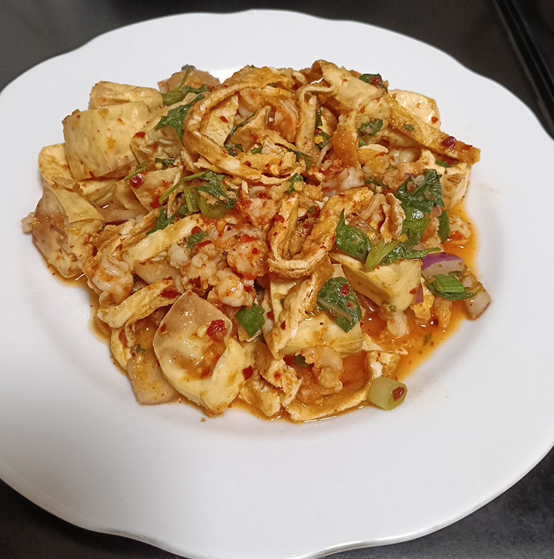 ลาบเต้าหู้กุ้งสับไข่เจียว เมนูลาบ เมนูเต้าหู้ สูตรอาหาร อาหารไทย