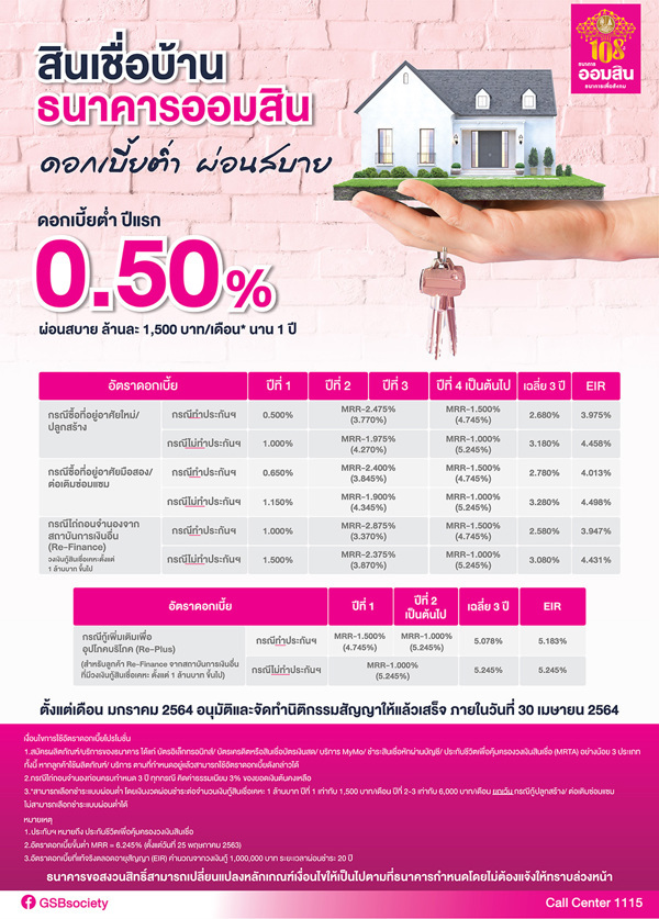 ธนาคารออมสิน ปล่อยโปรฯ สินเชื่อบ้าน ดอกเบี้ยต่ำ 0.5% ปีแรก ผ่อนสบาย ล้านละ  1,500