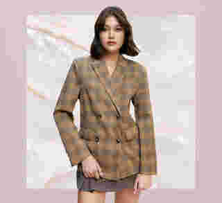 POMELO Checked Pattern Double Breasted Blazer ชุดสูทผู้หญิง